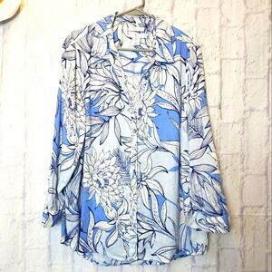 H BY HALSTON 100% Linen Floral Button-down Blouse